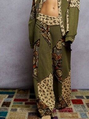 POL Boho Olive Green Cotton Patchwork Wide-Leg Pants NEW